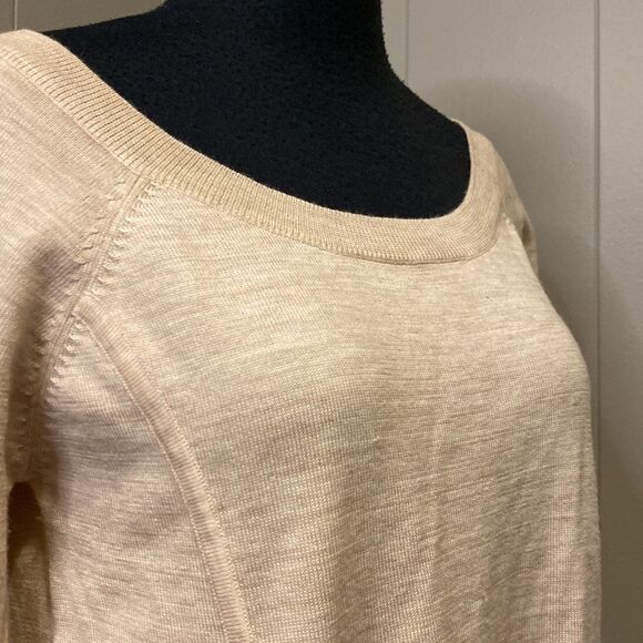 BCBG Maxazria Medium Short Dress. Cropped sleeves. Wide crewneck. Tan. - Picture 3 of 9